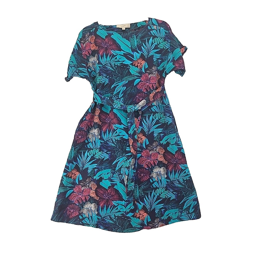 Loft Dress Womens XXSP Blue Flowers Linen Blend Casual Tropic Summer Boho